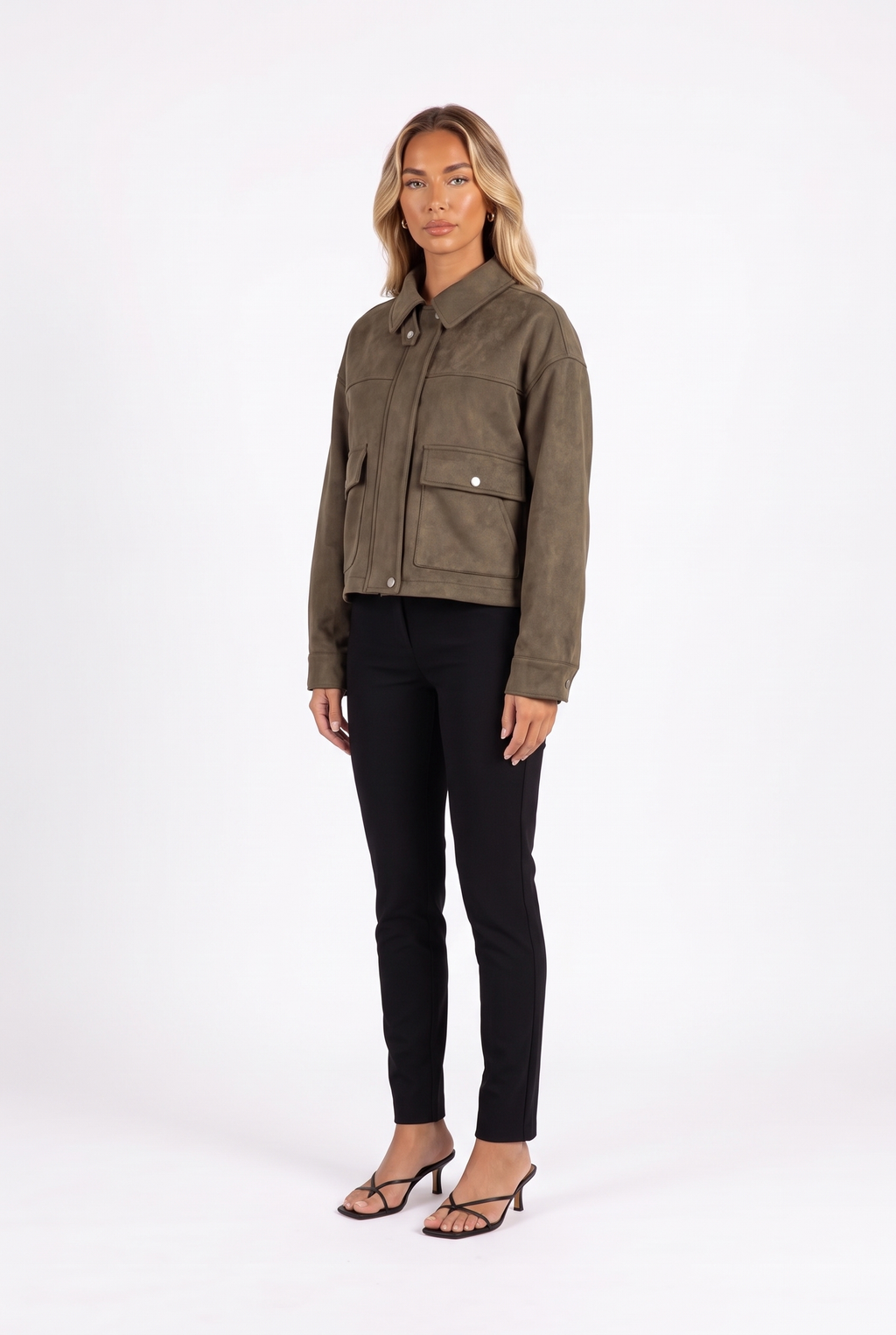 Olive faux-suede cropped snap-pocket jacket — three-quarter