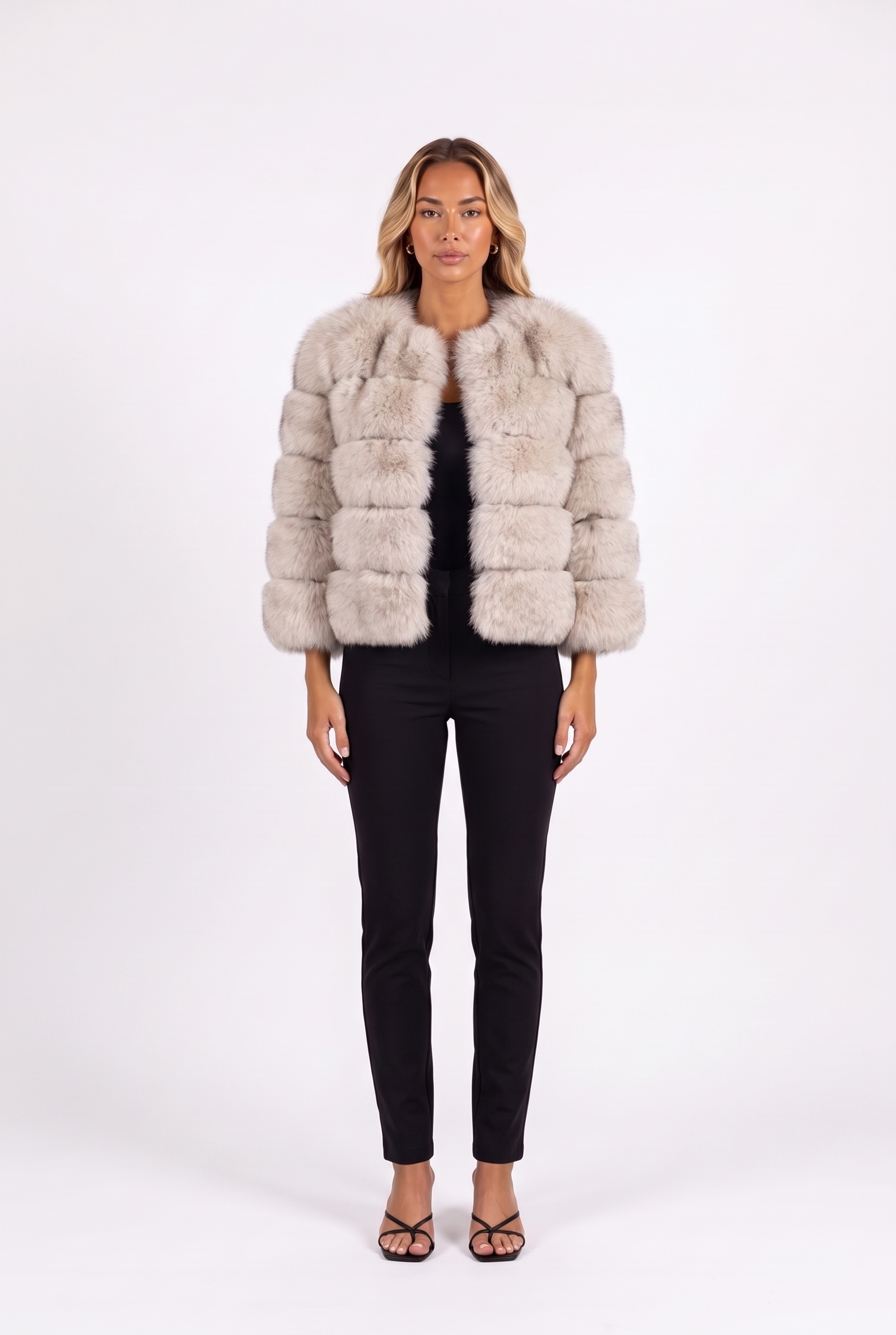 Silver fox colour cropped faux fur jacket with three-quarter sleeves — front